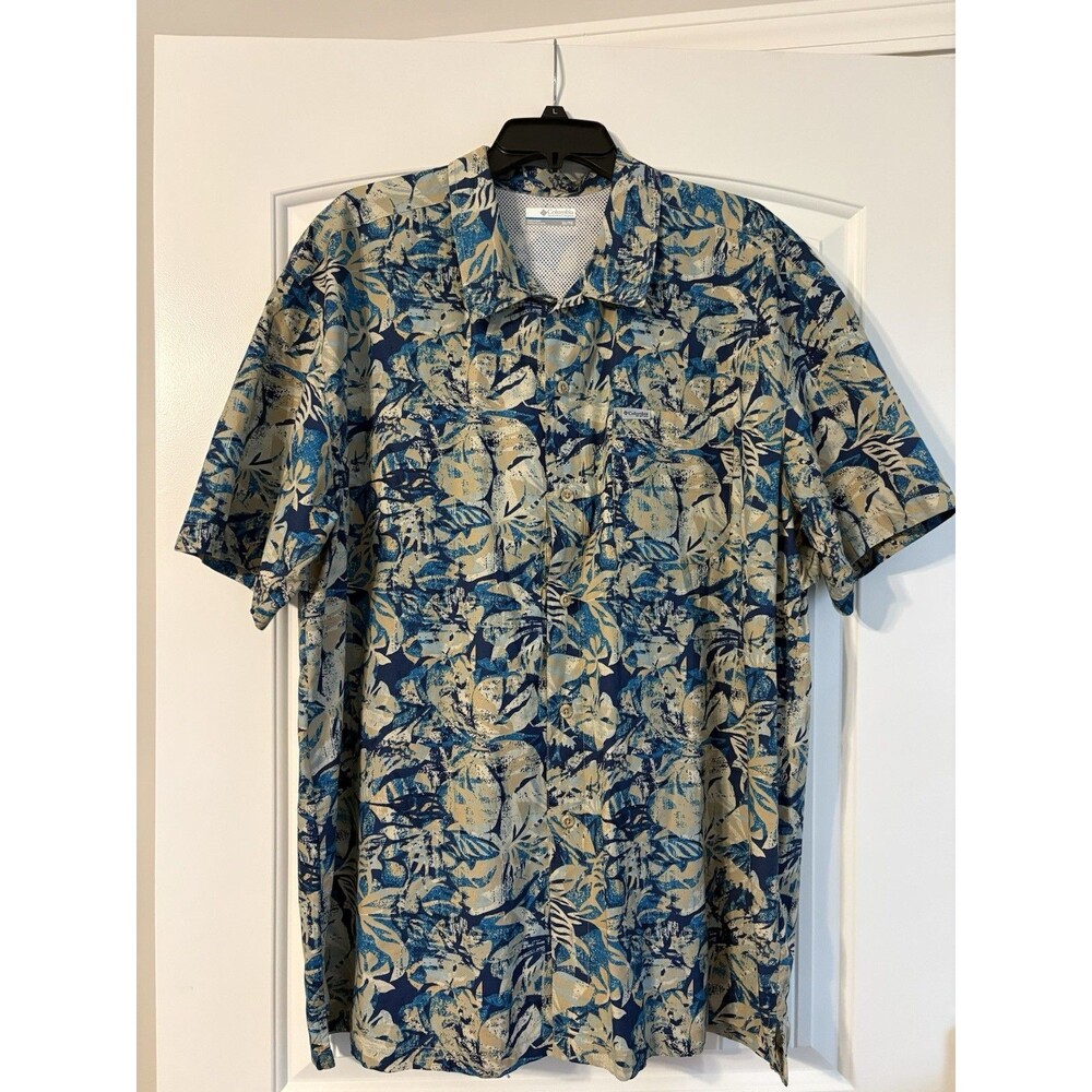 COLUMBIA PFG Blue Tropical Fishing Short Sleeve Button Down Vented Shirt Mens XL